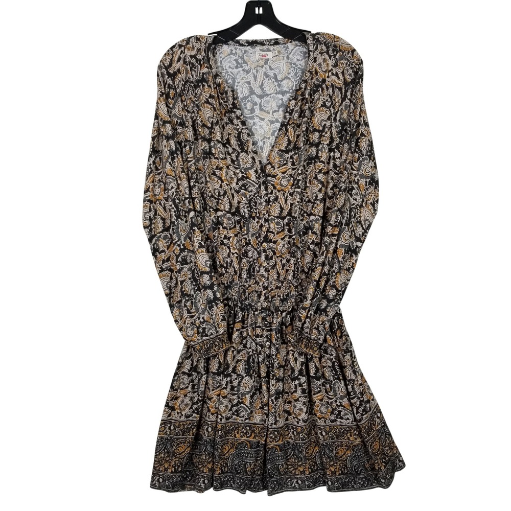 Faherty Mini Dress Womens Small Black Mustard Paisley Smocked Waist Long Sleeve